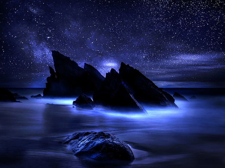 Schöne dunkle Mitternachtsnacht Oceanscape-Zusammenfassungs-Fotografie HD-Kunst, Mitternacht, schön, Ozean, Sterne, Himmel, rau, HD-Hintergrundbild