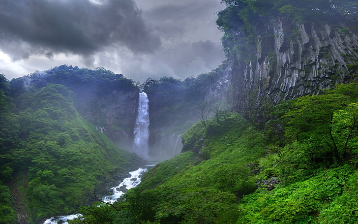 зеленое дерево, природа, пейзаж, водопад, река, лес, облака, Япония, туман, деревья, HD обои