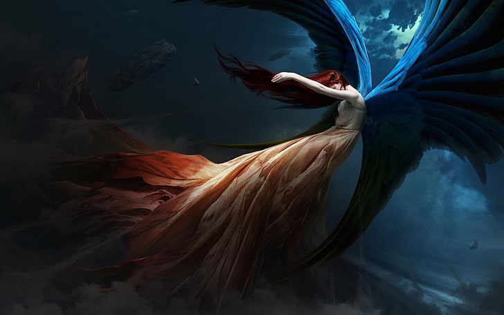 Fallen angel, fallen, fantasy, wings, luminos, girl, orange, angel, blue, HD wallpaper