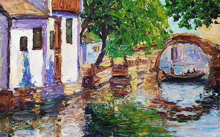 Town creek and bridge akvarellmålning, Town, akvarell, HD tapet