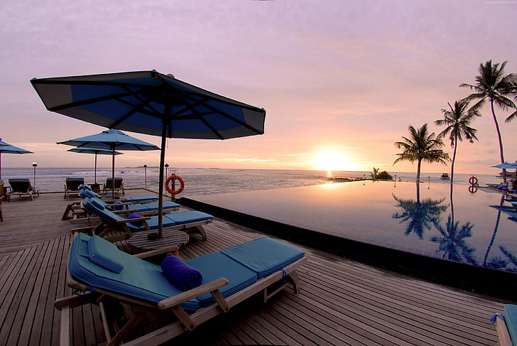 vacation, travel, Anantara Veli Resort and Spa, sunrisem pool, resort, ocean, sunbed, tourism, sea, Best Hotels of 2017, Maldives, sunset, HD wallpaper