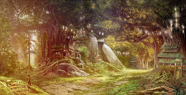 rumah hijau dan coklat di dekat lukisan pohon, seni fantasi, Wallpaper HD