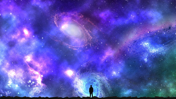 silhouette de personne et peinture galaxie, planète, nuit, isolement, nuages, lanternes célestes, espace, planète perdue, Fond d'écran HD