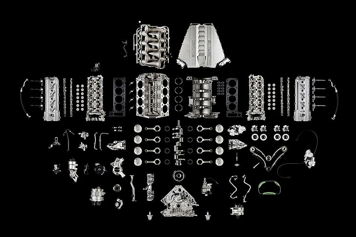 silver-colored accessory lot, engine, black and white, details, spare parts, HD wallpaper