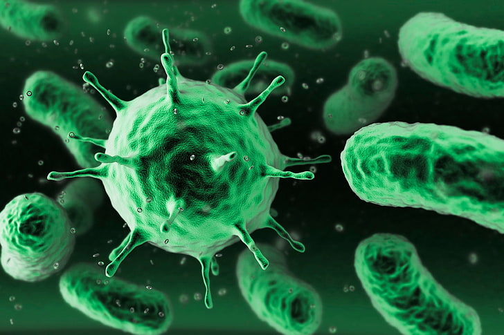 ilustracja bakterii, mikroskopijne, makro, miniatury, bakterie, zieleń, nauka, chemia, wirusy, Tapety HD