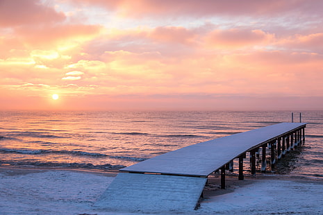 white wooden dock beside the beach during sunset, Winter, Sunrise, dock, beach, sunset, cold, frost, hav, rime, sea, vinter, exif, model, canon eos, 760d, geo, country, camera, iso_speed, state, aperture, ƒ / 5, geo:location, lens, ef, s18, f/3.5, focal_length, 35 mm, city, canon, nature, wood - Material, outdoors, pier, sky, summer, coastline, water, HD wallpaper HD wallpaper