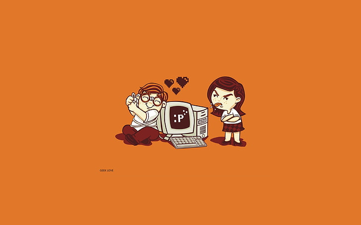 man and woman with computer set clip ary, humor, artwork, minimalism, simple, computer, love, orange, geek, simple background, HD wallpaper