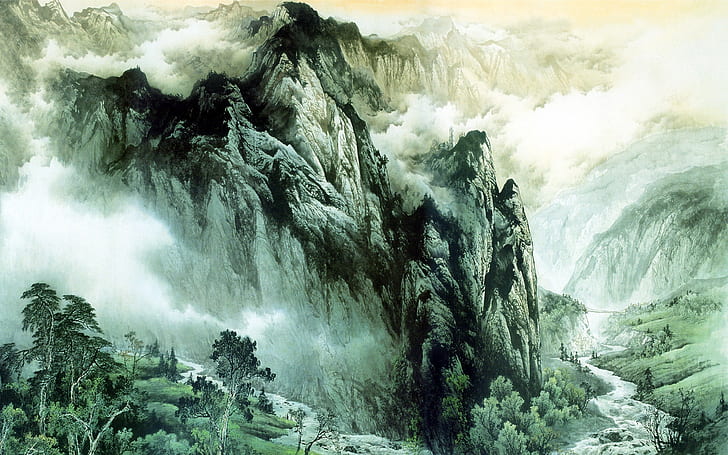 Китайско мастило, рисуващо планини и реки, китайско, мастило, живопис, планина, река, HD тапет