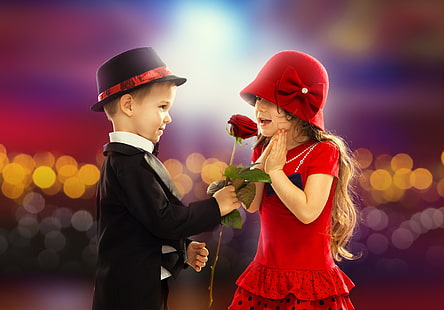topi fedora hitam anak laki-laki, cinta, masa kecil, roman, mawar, anak, anak laki-laki, pasangan, gadis, retro, pasangan, Hari Valentine, gadis kecil, Wallpaper HD HD wallpaper