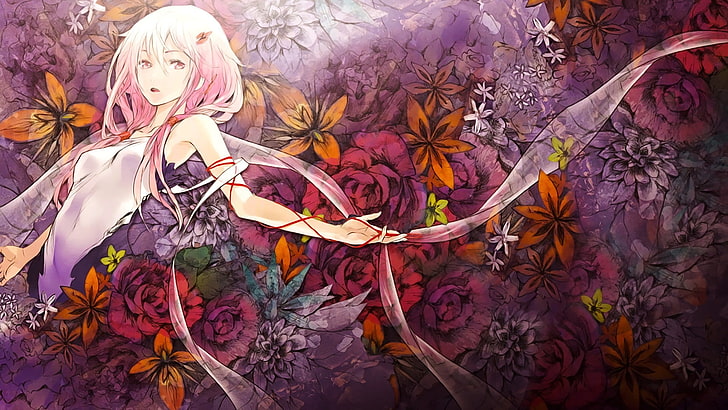 женский персонаж аниме обои, Guilty Crown, Yuzuriha Inori, аниме девушки, аниме, цветы, розовые волосы, HD обои