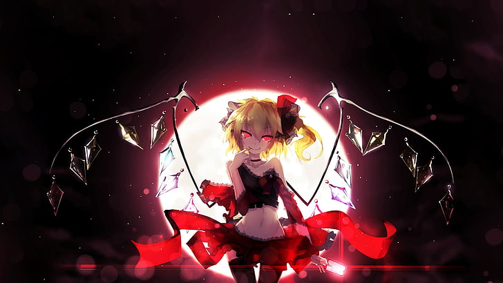 yellow-haired female anime character wallpaper, Flandre Scarlet, Touhou, Moon, HD wallpaper