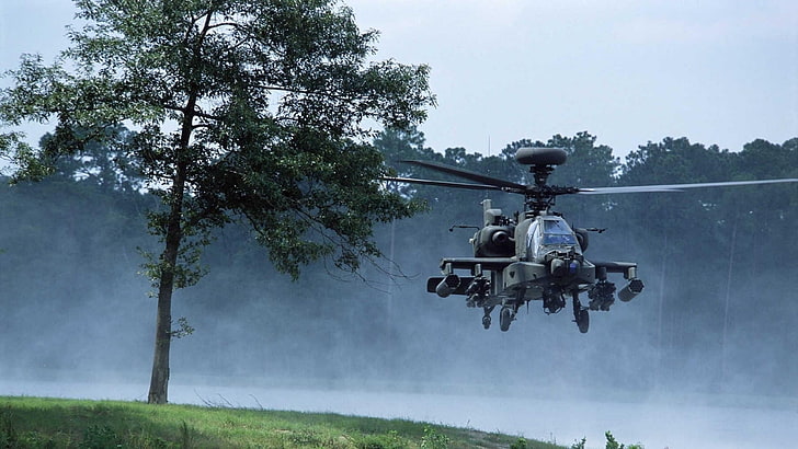 灰色のヘリコプター、ボーイングアパッチAH-64D、軍事、AH-64アパッチ、ヘリコプター、 HDデスクトップの壁紙