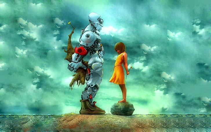 Робот сталкивается с девушкой обои, произведение искусства, робот, любовь, дети, фантастика, HD обои