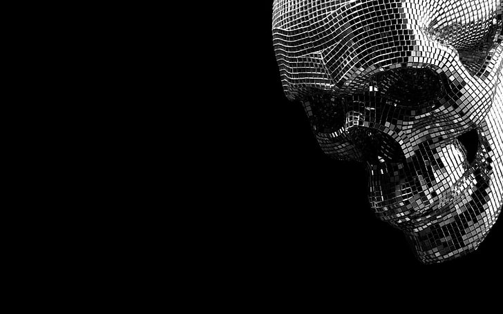 crâne pixelisé gris, crâne, art numérique, art fantastique, pixels, monochrome, fantasmagorique, Fond d'écran HD