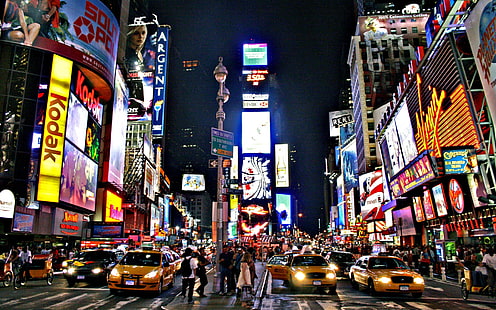 kendaraan kuning dan gedung-gedung tinggi, Times Square, New York City, taksi, mobil, lalu lintas, jalan, Wallpaper HD HD wallpaper