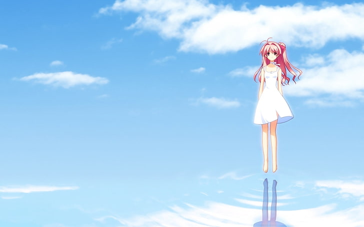 pink-haired female anime girl wearing white sleeveless dress floating on water wallpaper, girl, flying, water, sky, clouds, HD wallpaper