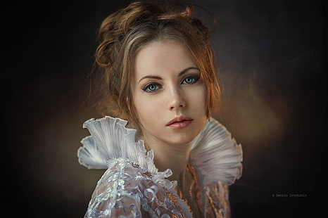 women, model, blonde, blue eyes, white dress, Dennis Drozhzhin, HD wallpaper HD wallpaper