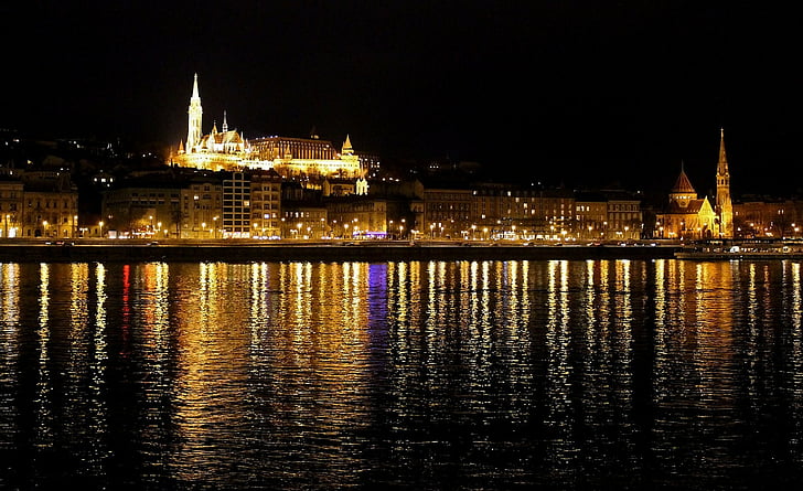 Будапеща, църква, Дунав, Матия, нощ, река, HD тапет