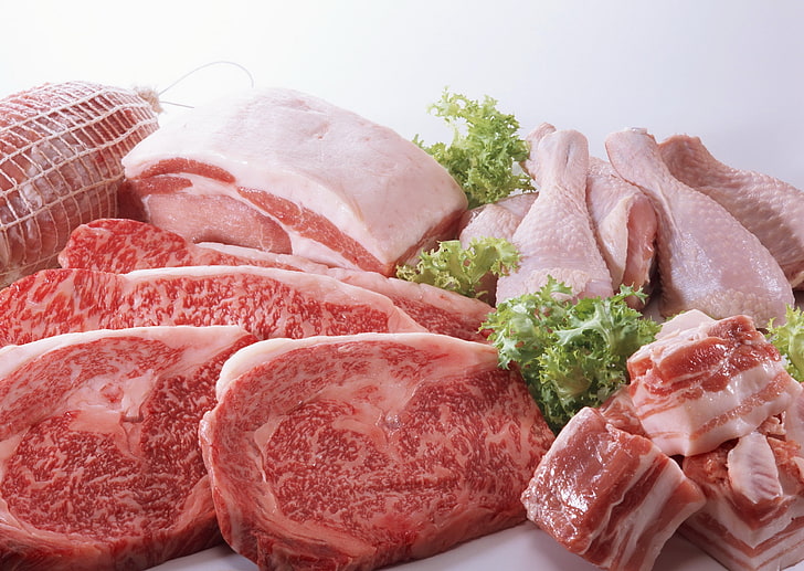 raw meat, meat, pieces, greens, HD wallpaper