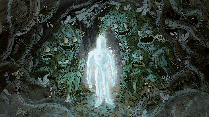 illustration av spöke i skogen, digital konst, fantasikonst, varelse, män, spöken, teckning, svamp, öppen mun, gren, träd, glödande, HD tapet