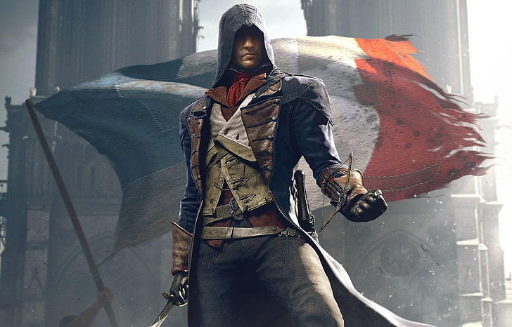 Assassins Creed wallpaper, Look, Cathedral, Light, Flag, Weapons, Hood, Ubisoft, Assassin's Creed, Ubisoft Montreal, Equipment, Arno, Assassin's Creed: Unity, HD wallpaper