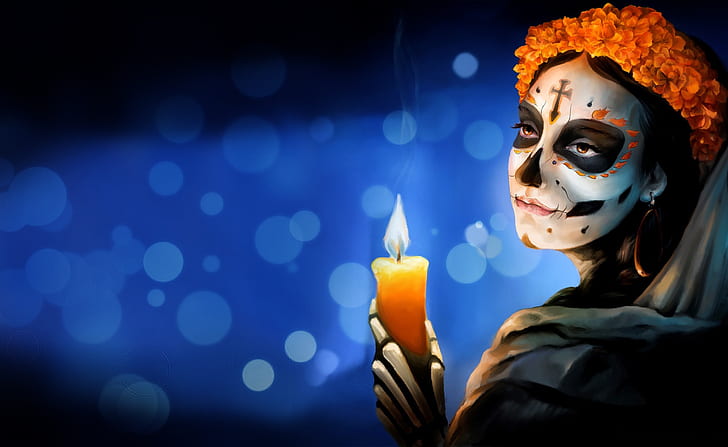 Dia de los Muertos, women, artwork, skull, face, candles, HD wallpaper