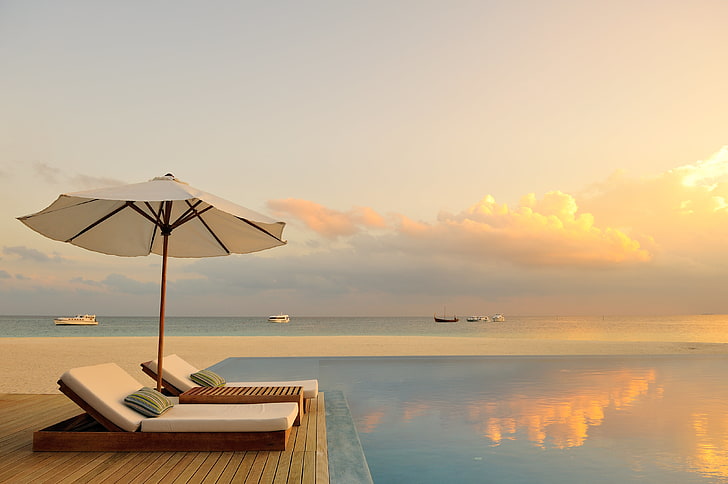 white parasol, Sunset, The ocean, Pool, Chaise, Paradise, The Maldives, Romance, HD wallpaper