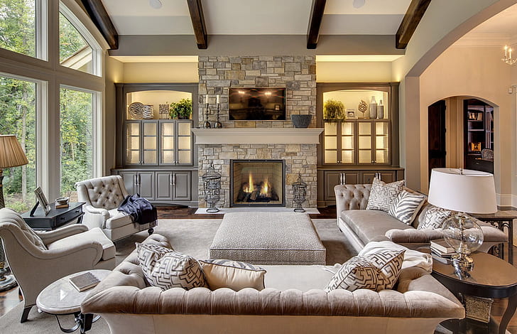 Man Made, Room, Fireplace, Furniture, Living Room, Sofa, HD wallpaper