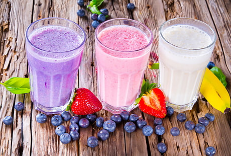 three clear drinking glasses, berries, blueberries, strawberry, fruit, banana, blueberry, fruits, milkshake, HD wallpaper HD wallpaper