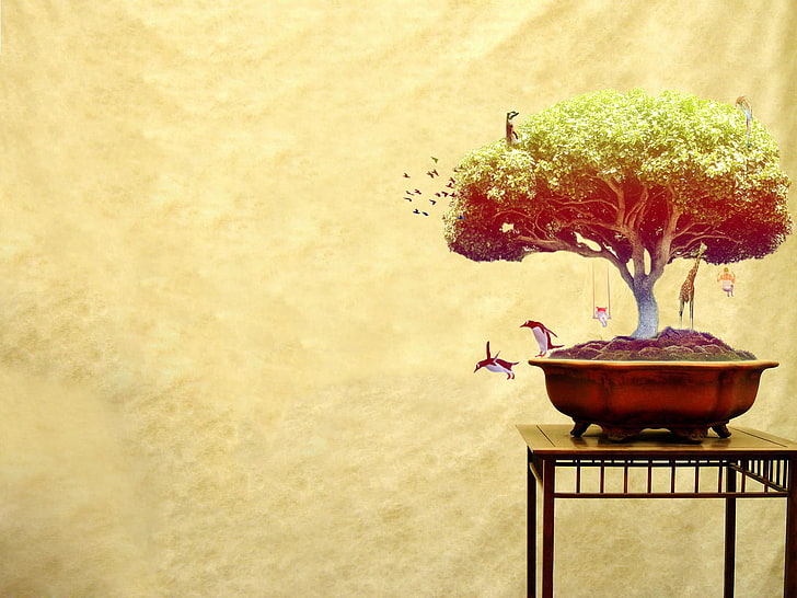 pohon dengan lukisan hewan, pohon bonsai hijau di atas vas baja cokelat, bonsai, burung, jerapah, penguin, hewan, karya seni, Wallpaper HD
