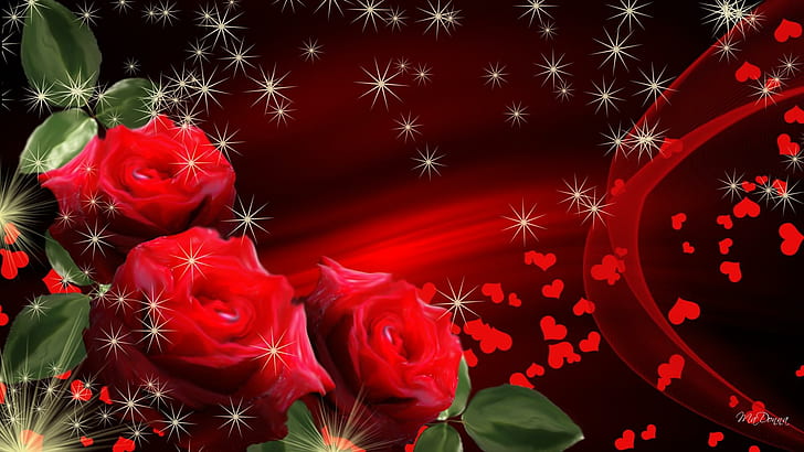 Heart Ache For You, silk, swirls, stars, sparkles, scatter, valentines day, hearts, red roses, 3d and abstract, HD wallpaper
