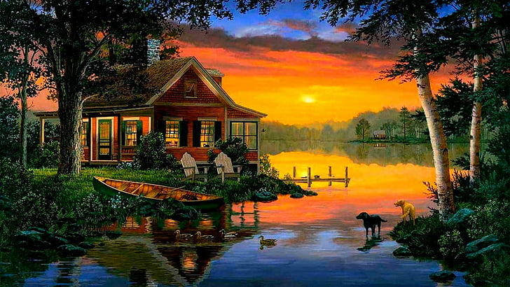 lakeside, relaxing, mood, calm, dream home, painting, painting art, romantic, bank, landscape, tree, reflection, dogs, water, boat, bayou, home, house, evening, lake, sunset, nature, HD wallpaper