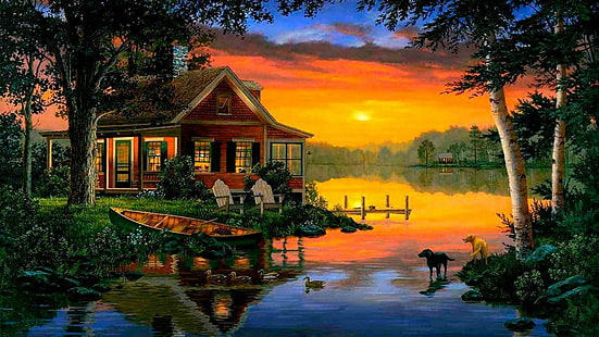 lakeside, relaxing, mood, calm, dream home, painting, painting art, romantic, bank, landscape, tree, reflection, dogs, water, boat, bayou, home, house, evening, lake, sunset, nature, HD wallpaper HD wallpaper