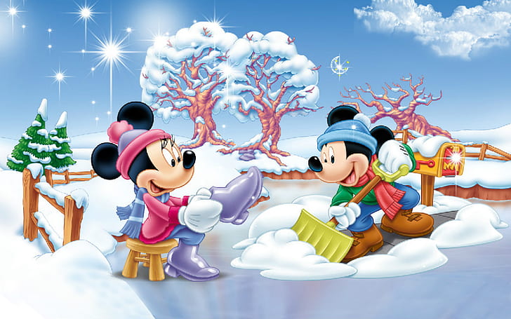 Minnie Dan Mickey Mouse Pagar Salju Musim Dingin Halaman Langit Biru Pakaian Musim Dingin Wallpaper Hd Penuh 1920 × 1200, Wallpaper HD