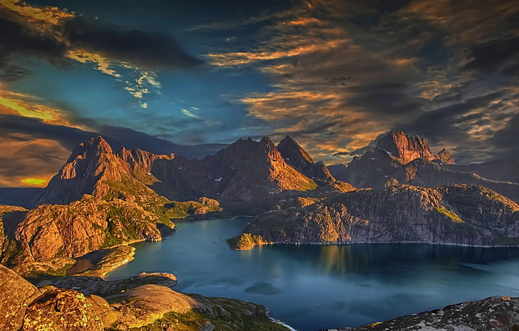 Gewässer, Sonnenuntergang, Berge, Bucht, Insel, Lofoten, Norwegen, Wolken, Meer, Wasser, Natur, Landschaft, HD-Hintergrundbild