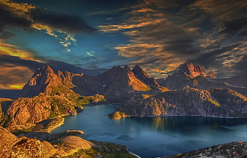 body of water, sunset, mountains, bay, island, Lofoten, Norway, clouds, sea, water, nature, landscape, HD wallpaper HD wallpaper