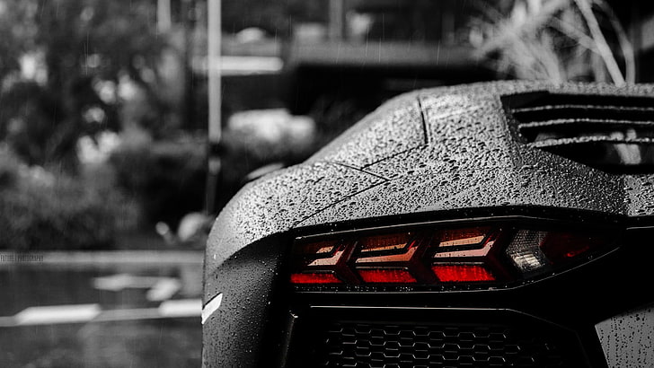 car, Lamborghini, Lamborghini Aventador, bokeh, rain, water drops, selective coloring, f22, HD wallpaper