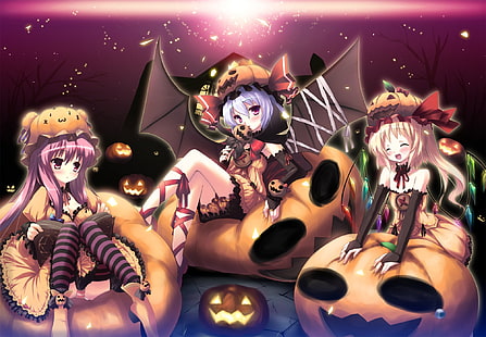 anime girls, Halloween, Touhou, Remilia Scarlet, Patchouli Knowledge, pumpkin, Flandre Scarlet, anime, HD wallpaper HD wallpaper