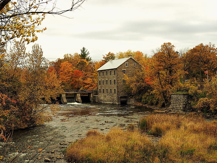 jesień, drzewa, most, dom, żółty, Kanada, rzeka, Ottawa, Manotick, Tapety HD
