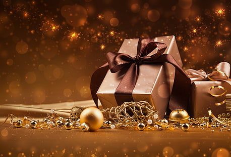confezione regalo marrone, stelle, decorazioni, luci, palline, anno nuovo, regali, ornamenti, regali, Natale dorato, Sfondo HD HD wallpaper