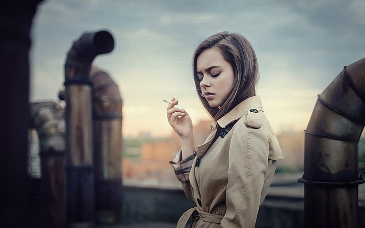 women, model, smoking, burberry, trench coat, rooftops, brunette, cigarettes, closed eyes, coats, HD wallpaper