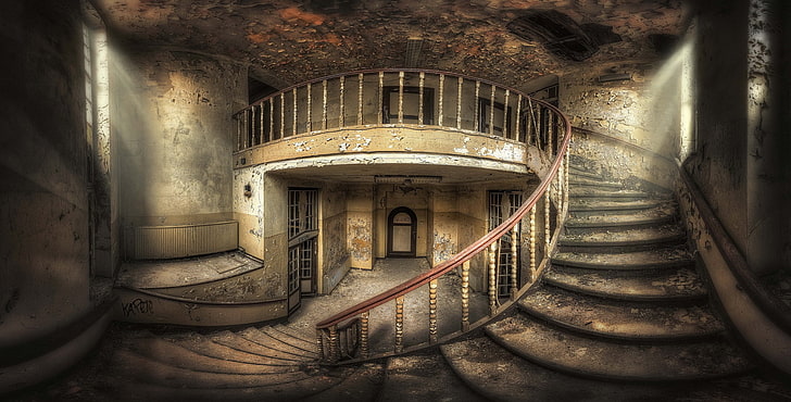 architecture, interior, staircase, stairs, handrail, door, abandoned, sunlight, HDR, fisheye lens, HD wallpaper
