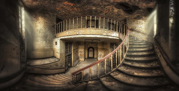 architecture, interior, staircase, stairs, handrail, door, abandoned, sunlight, HDR, fisheye lens, HD wallpaper HD wallpaper
