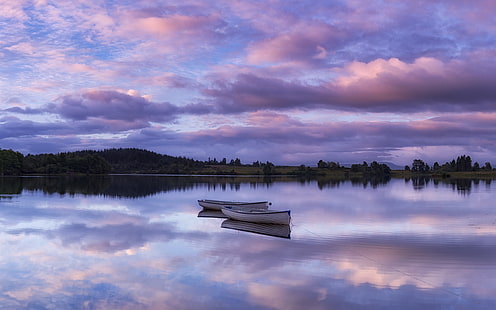 two white wooden canoes, lake, boats, skyline, sunrise, dawn, loch rusky, loch lomond, trossachs, scotland, HD wallpaper HD wallpaper