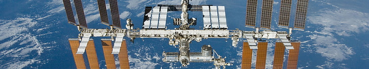 satelit putih dan emas, Stasiun Luar Angkasa Internasional, ISS, NASA, angkasa, Bumi, Tata Surya, orbit, Stasiun Orbital, putih, biru, coklat, Wallpaper HD