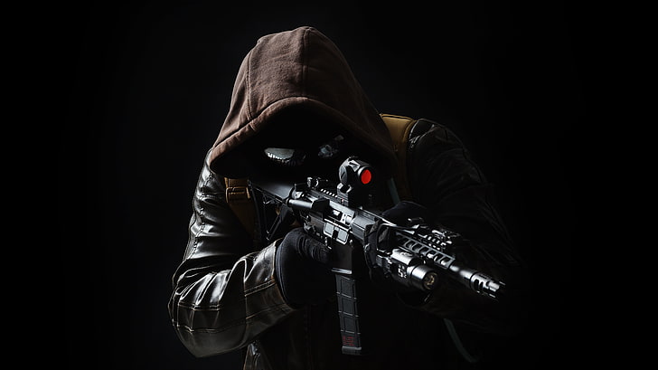 man holding rifle digital wallpaper, weapons, hood, male, leather jacket, assault rifle, HD wallpaper