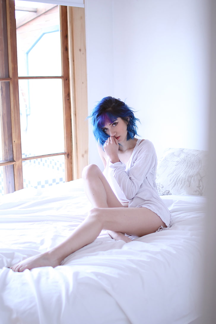 women's white long-sleeved top, Fay Suicide, model, pinup models, blue hair, nose rings, pierced nose, Suicide Girls, women, HD wallpaper
