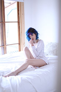 women's white long-sleeved top, Fay Suicide, model, pinup models, blue hair, nose rings, pierced nose, Suicide Girls, women, HD wallpaper HD wallpaper