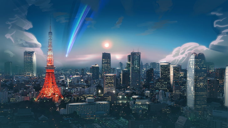 city, anime, tokyo, tower, comet, sky, HD wallpaper