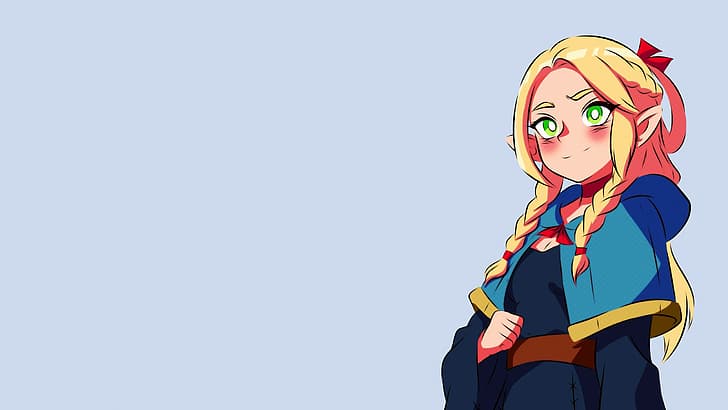 anime girls, Marcille Donato, cape, green eyes, blonde, ribbon, red ribbon, braids, robes, hoods, hood, blushing, bangs, smiling, wizard, magician, pointy ears, elves, elven, Delicious in Dungeon, cleavage, long hair, looking at viewer, HD wallpaper